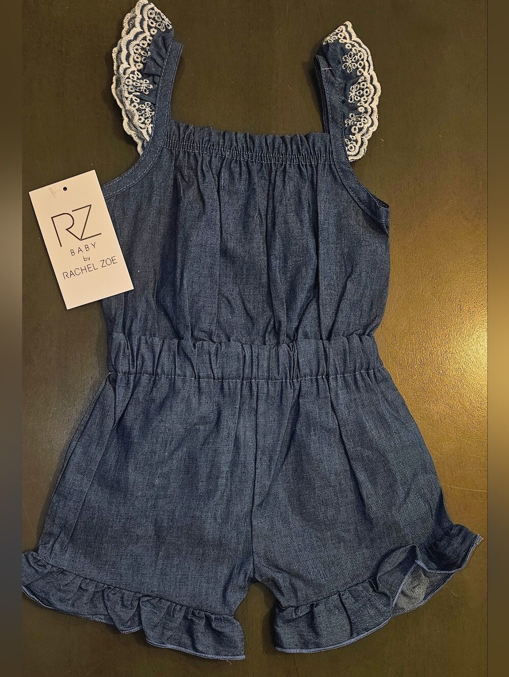 Rachel Zoe Girls' Navy Chambray Romper with Lace Trim Size 18M